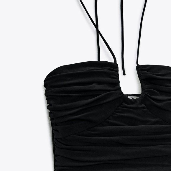 NEW ZARA DRAPED MINI DRESS BLACK PLEATED SMOCKED WOMENS SIZE S STRAPPY - Picture 4 of 9